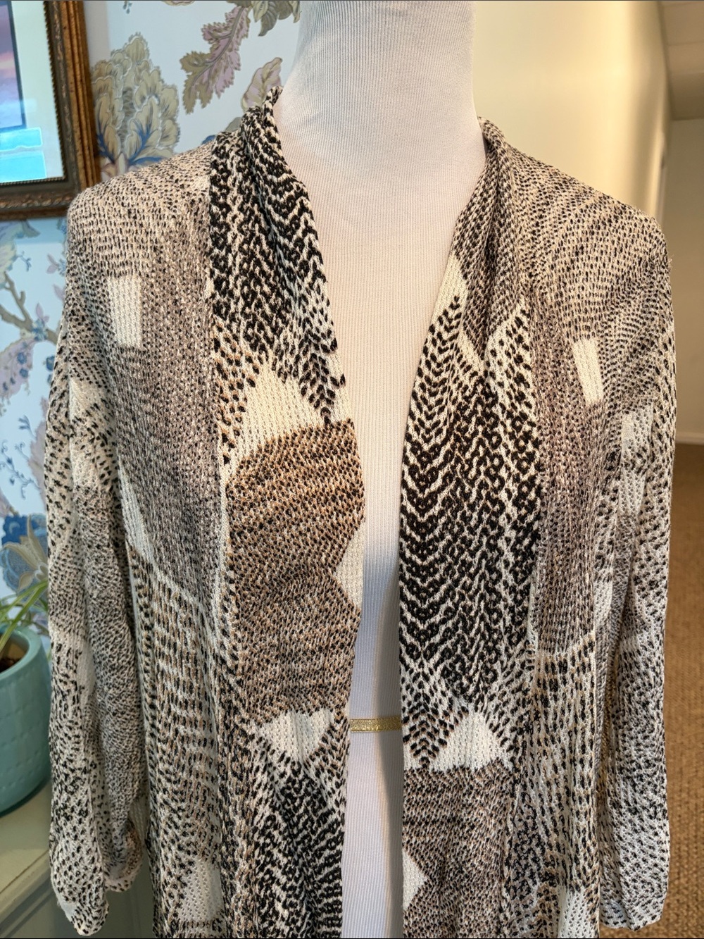 NIC+ZOE Beige and Cream Open-Front Geometric Cardigan Linen Blend - Picture 2 of 6